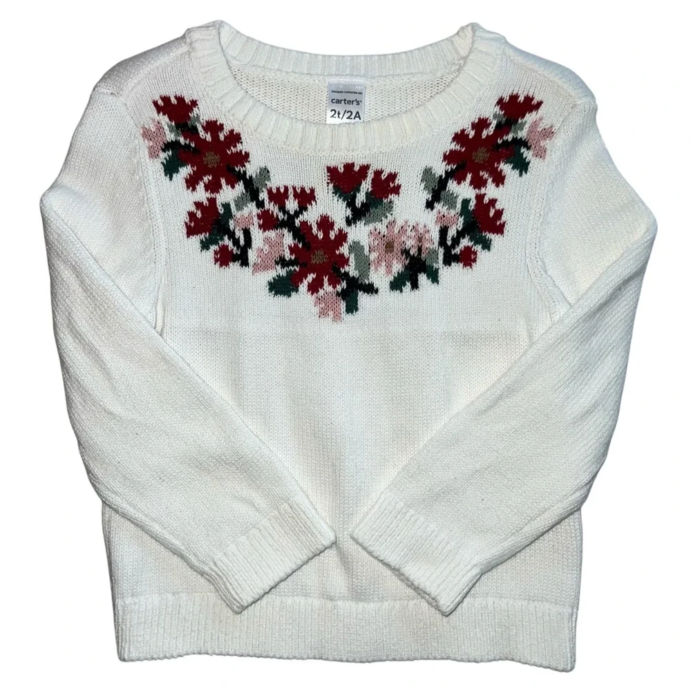 Carters Toddler Girls Floral Embroidered Sweater 2T/2A Cream Red Green Holiday‎